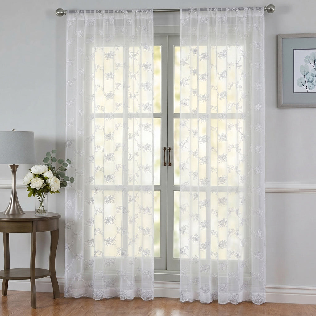 Drapes - Sheer Curtains (Floral Rose Embroidery) 2 Panels