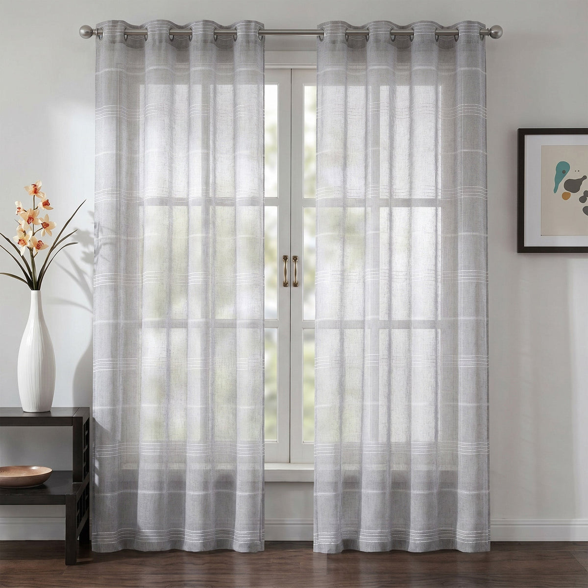 Chenille Stripe Textured Sheer Voile Curtains with Grommet Top 2 Panels