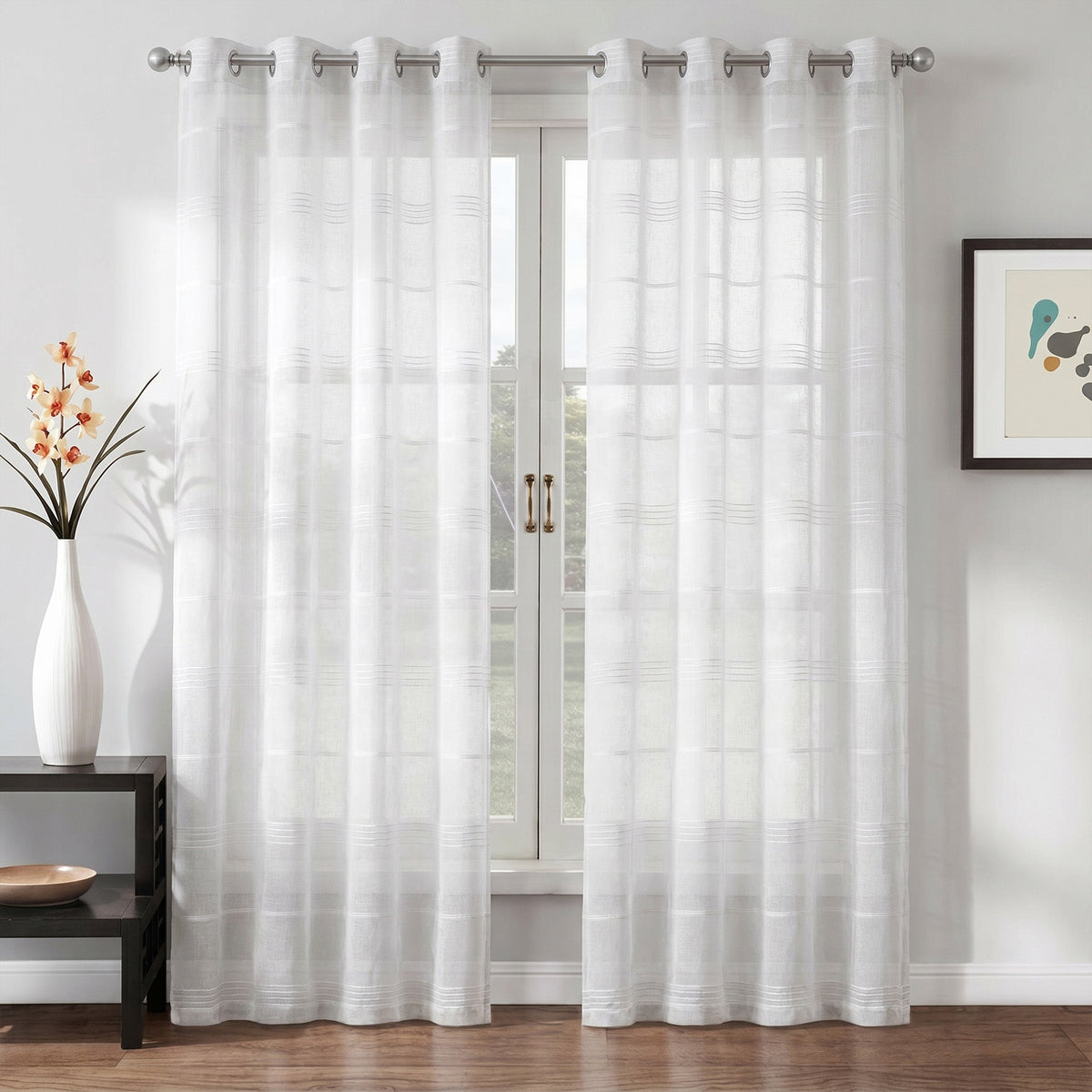 Chenille Stripe Textured Sheer Voile Curtains with Grommet Top 2 Panels
