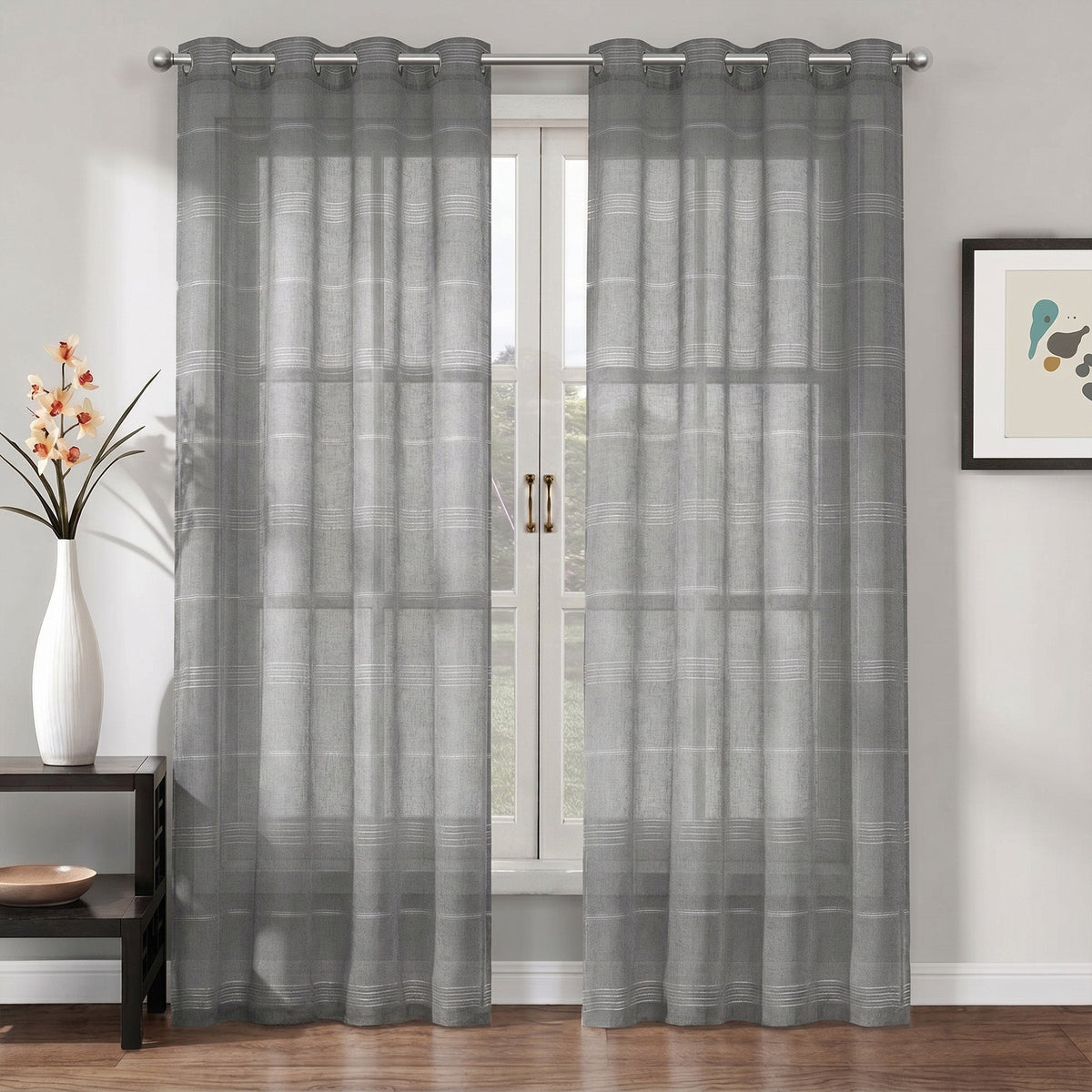 Chenille Stripe Textured Sheer Voile Curtains with Grommet Top 2 Panels