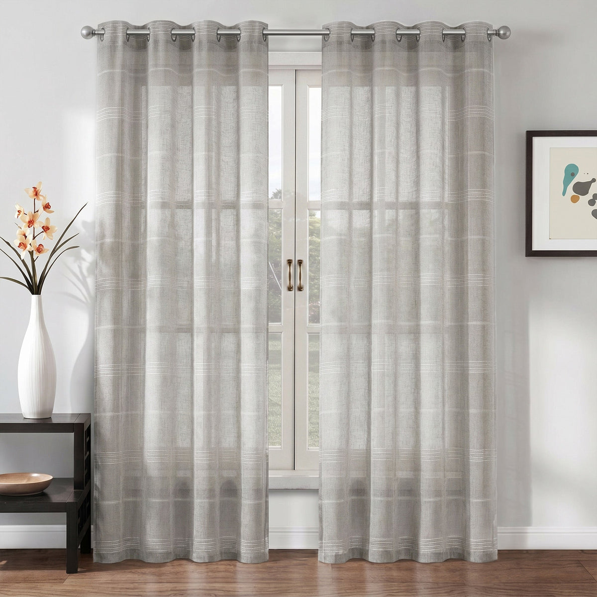 Chenille Stripe Textured Sheer Voile Curtains with Grommet Top 2 Panels