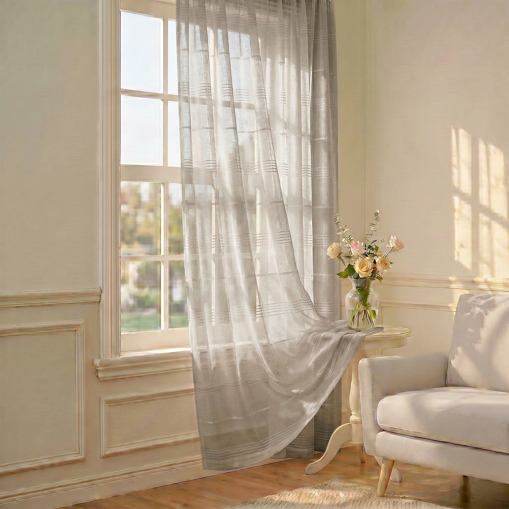 Chenille Stripe Textured Sheer Voile Curtains with Grommet Top 2 Panels