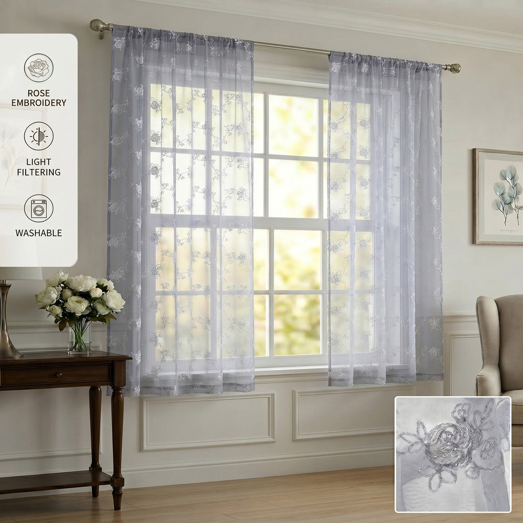 Drapes - Sheer Curtains (Floral Rose Embroidery) 2 Panels