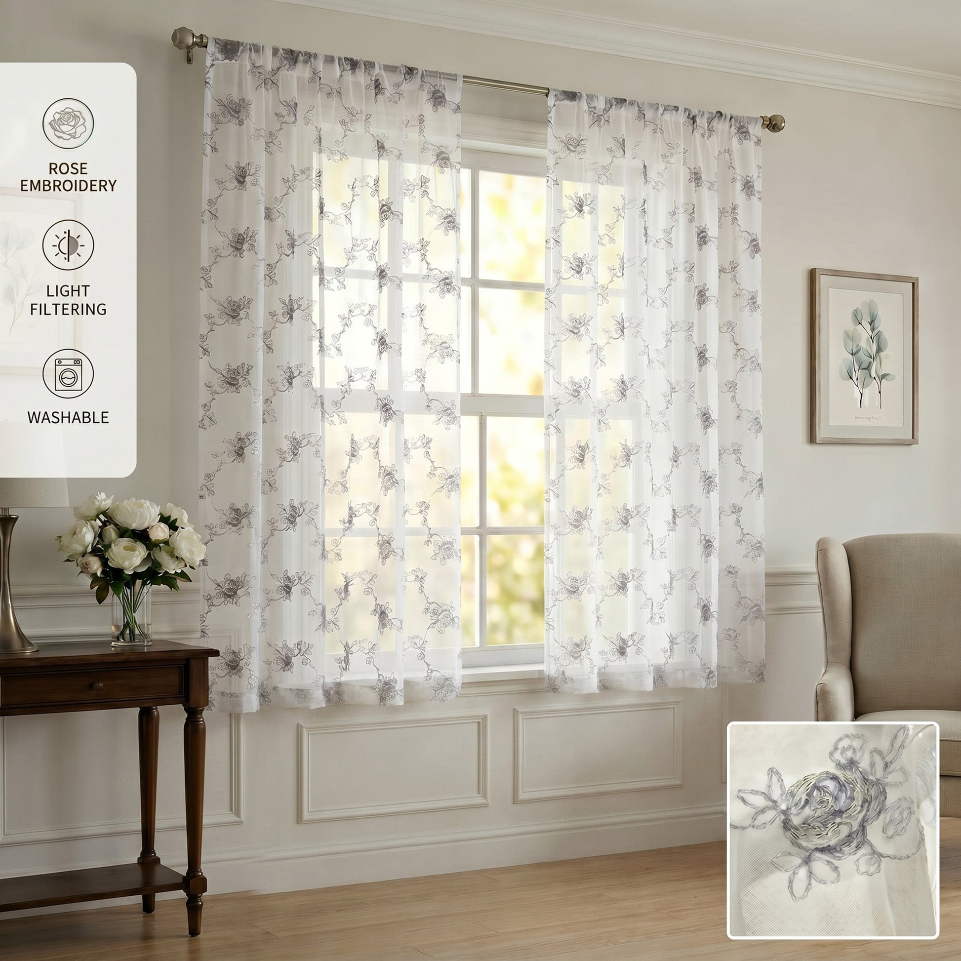 Drapes - Sheer Curtains (Floral Rose Embroidery) 2 Panels