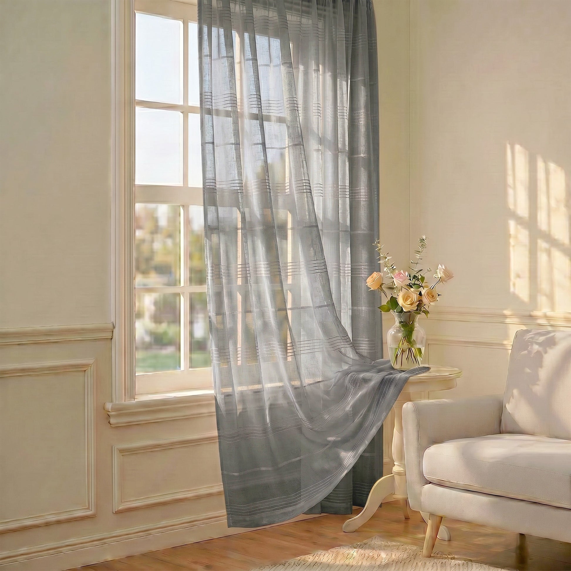 Chenille Stripe Textured Sheer Voile Curtains with Grommet Top 2 Panels