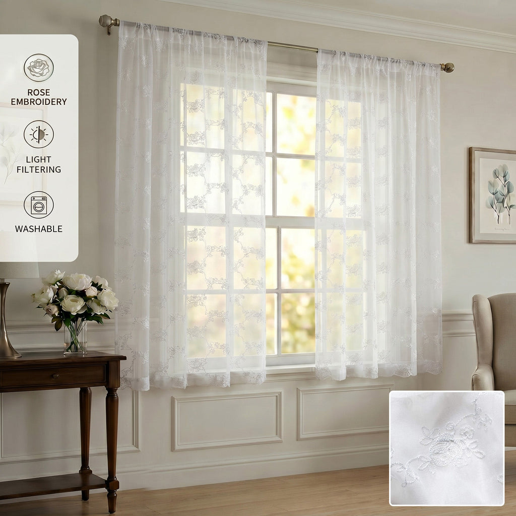 Drapes - Sheer Curtains (Floral Rose Embroidery) 2 Panels
