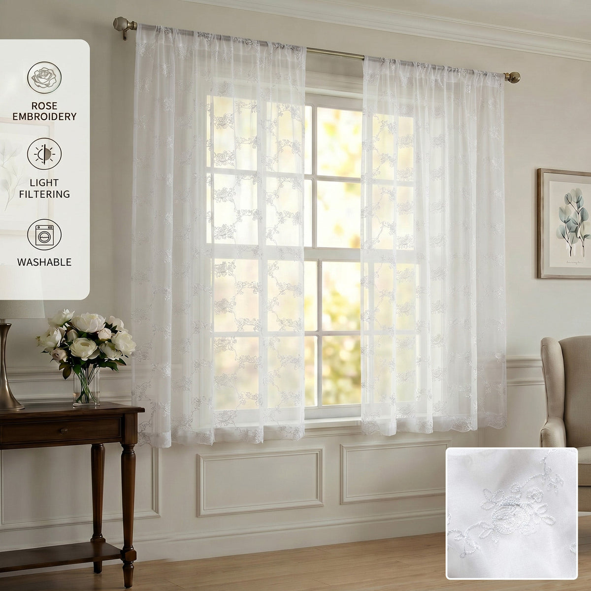 Drapes - Sheer Curtains (Floral Rose Embroidery) 2 Panels