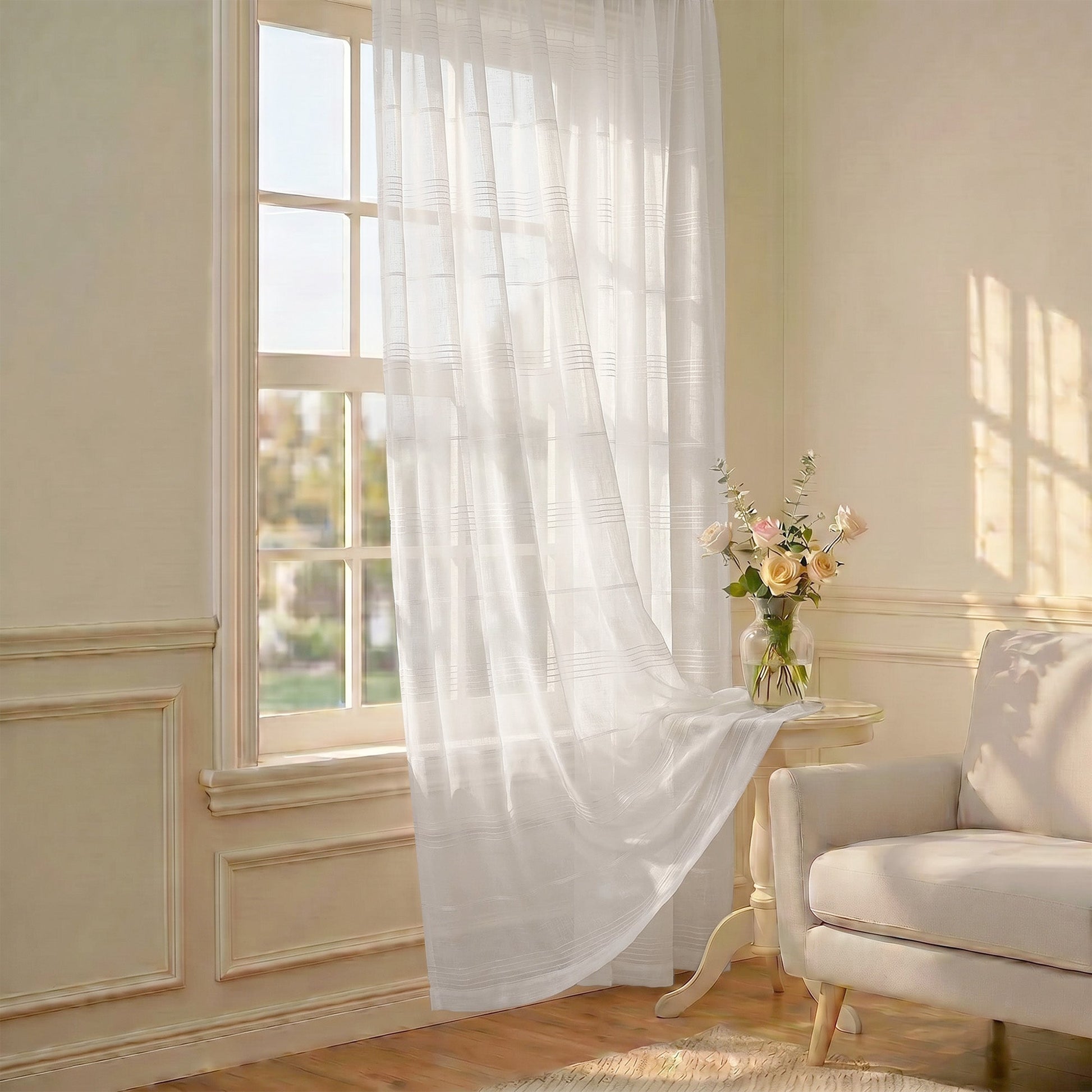 Chenille Stripe Textured Sheer Voile Curtains with Grommet Top 2 Panels