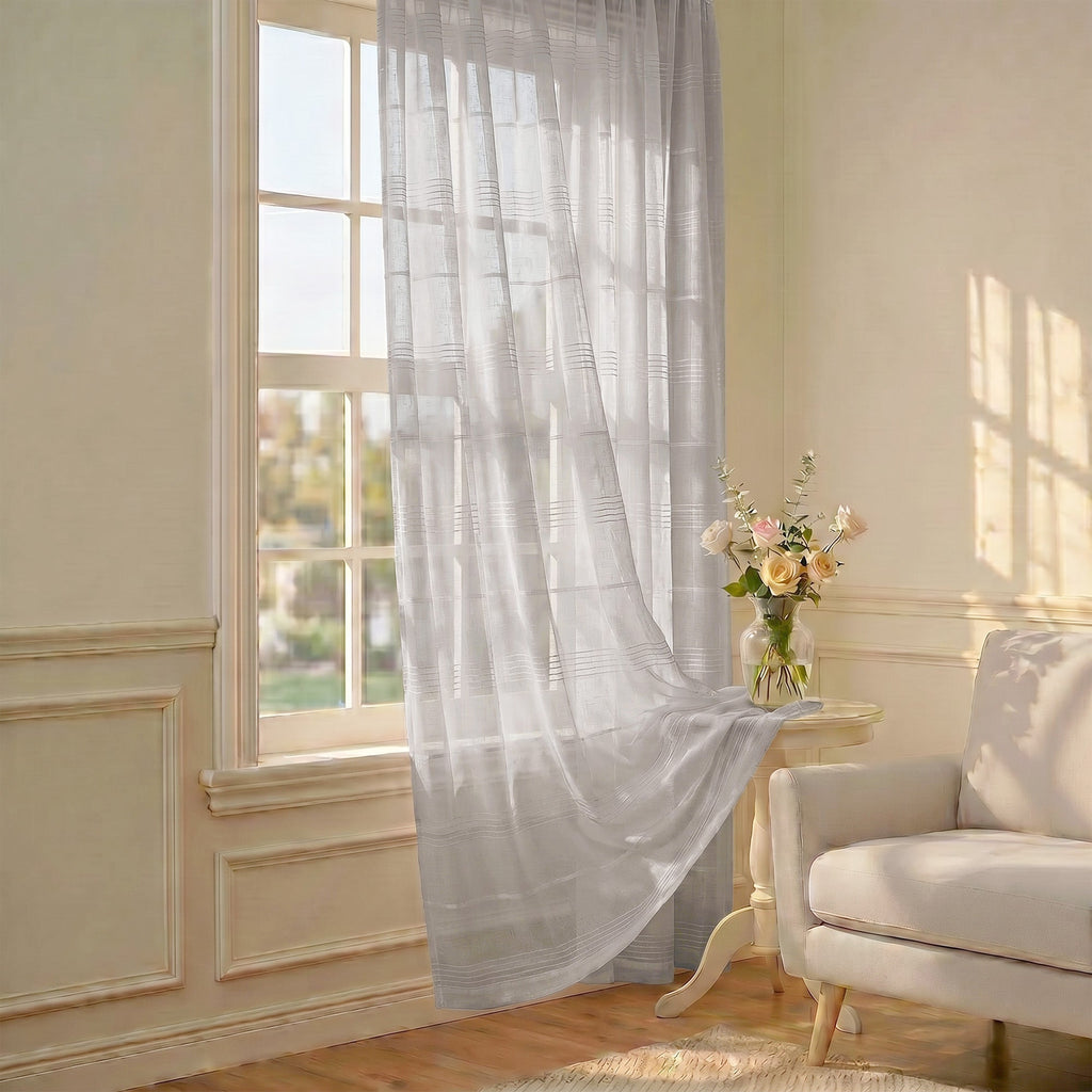 Chenille Stripe Textured Sheer Voile Curtains with Grommet Top 2 Panels