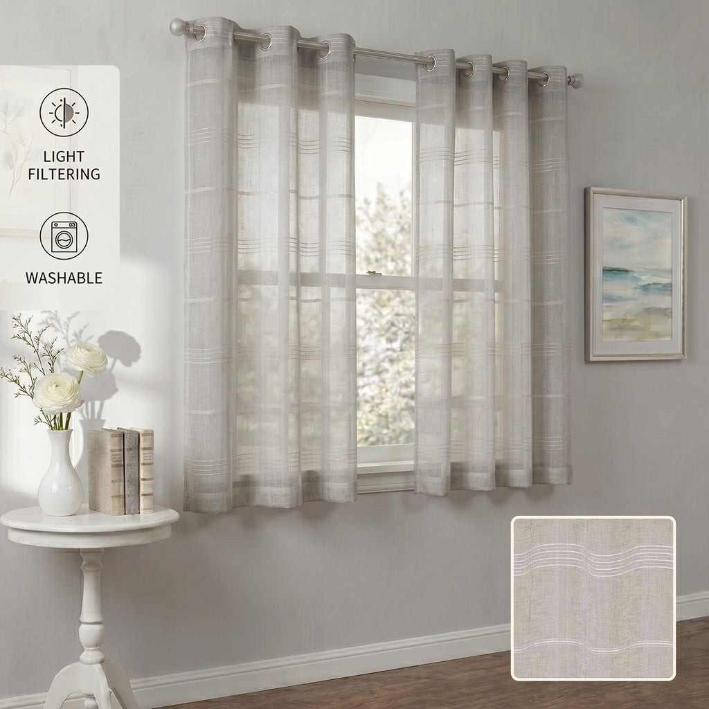 Chenille Stripe Textured Sheer Voile Curtains with Grommet Top 2 Panels