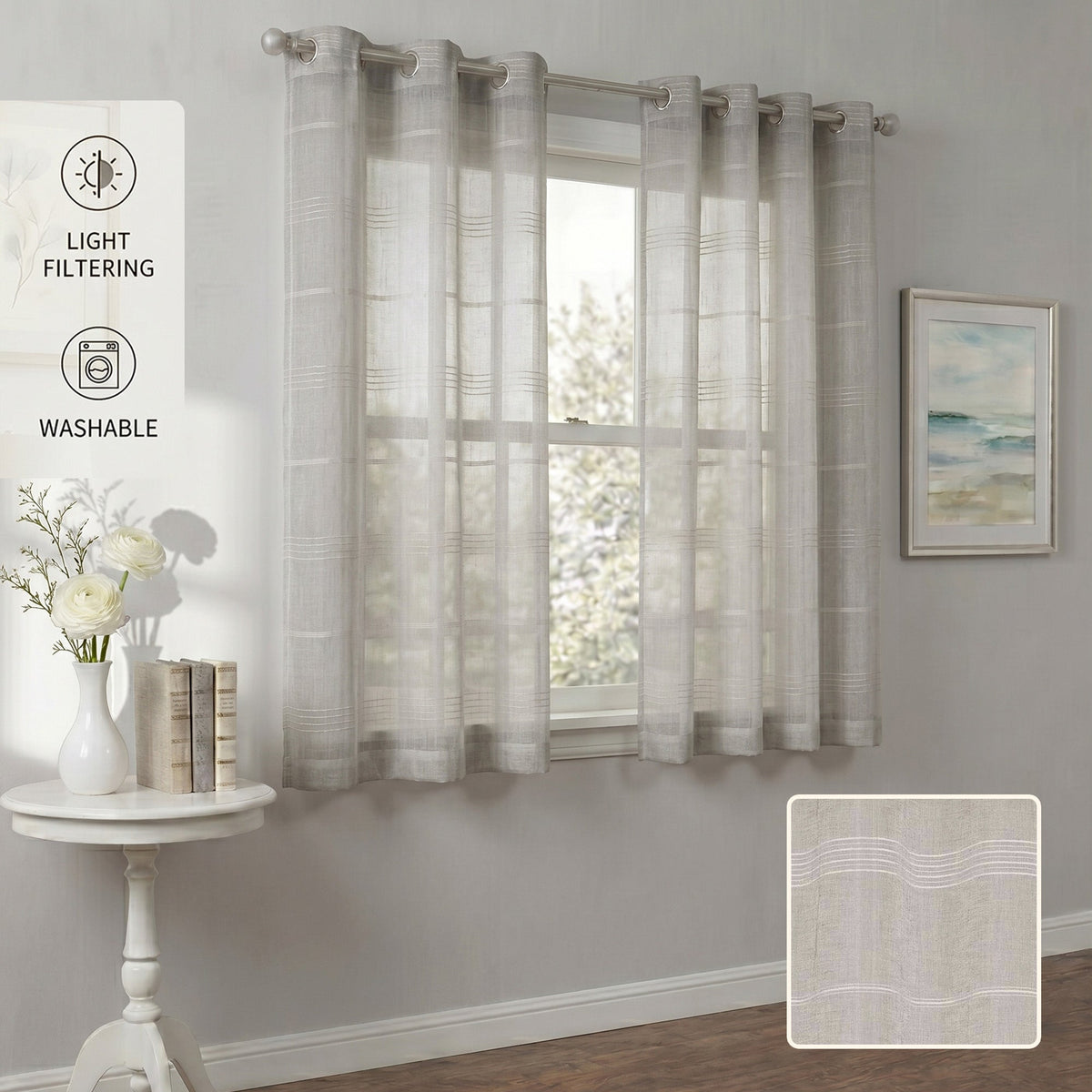 Chenille Stripe Textured Sheer Voile Curtains with Grommet Top 2 Panels