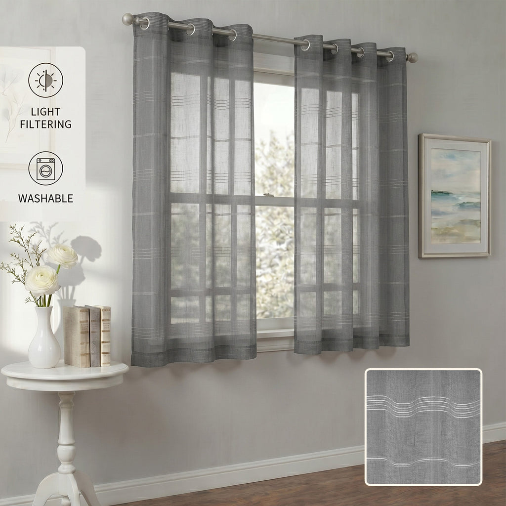 Chenille Stripe Textured Sheer Voile Curtains with Grommet Top 2 Panels