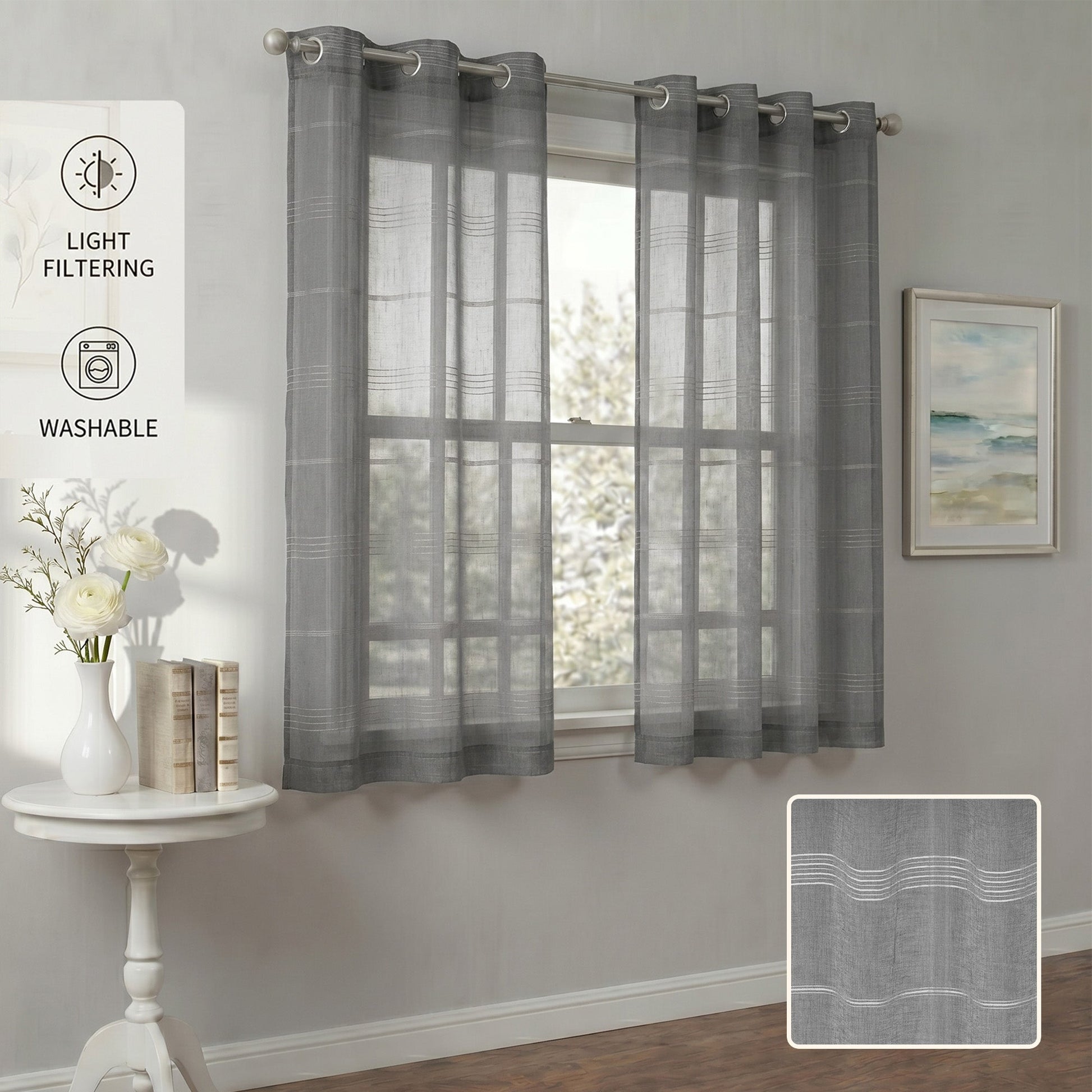 Chenille Stripe Textured Sheer Voile Curtains with Grommet Top 2 Panels