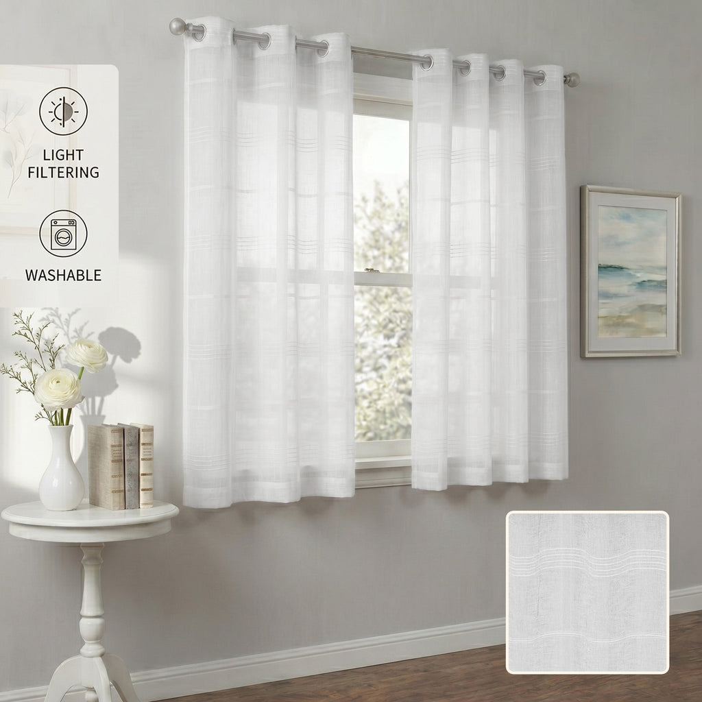 Chenille Stripe Textured Sheer Voile Curtains with Grommet Top 2 Panels