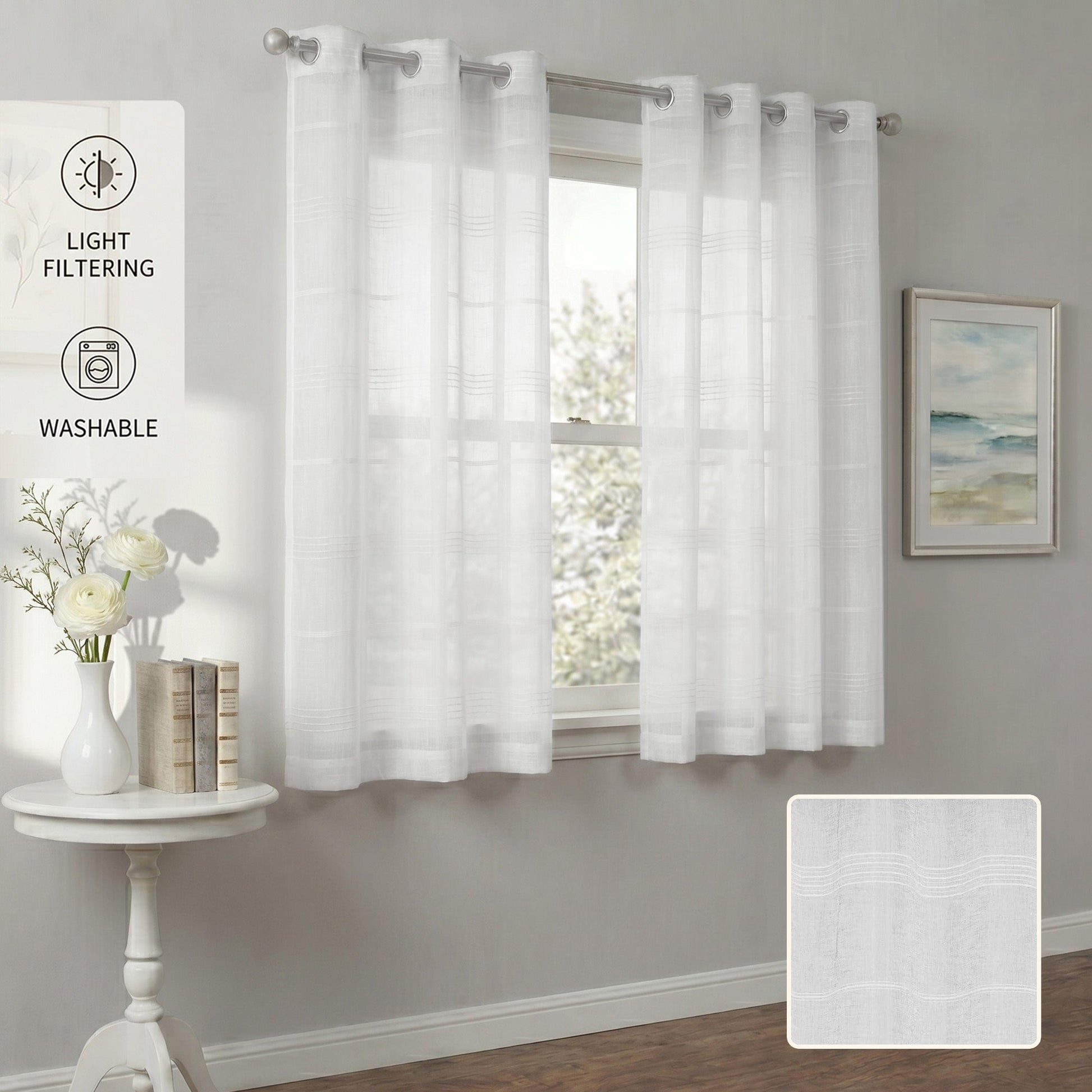 Chenille Stripe Textured Sheer Voile Curtains with Grommet Top 2 Panels
