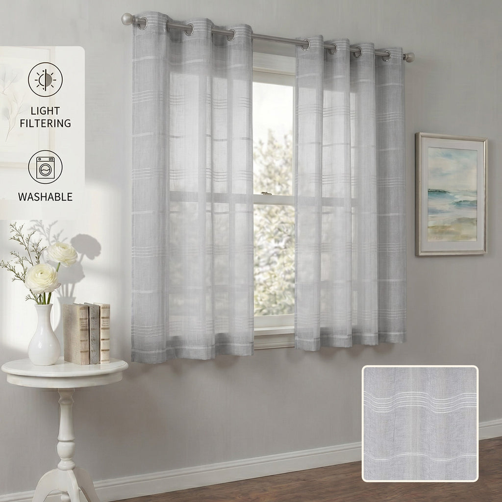 Chenille Stripe Textured Sheer Voile Curtains with Grommet Top 2 Panels