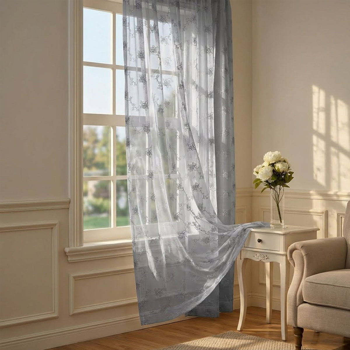 Drapes - Sheer Curtains (Floral Rose Embroidery) 2 Panels