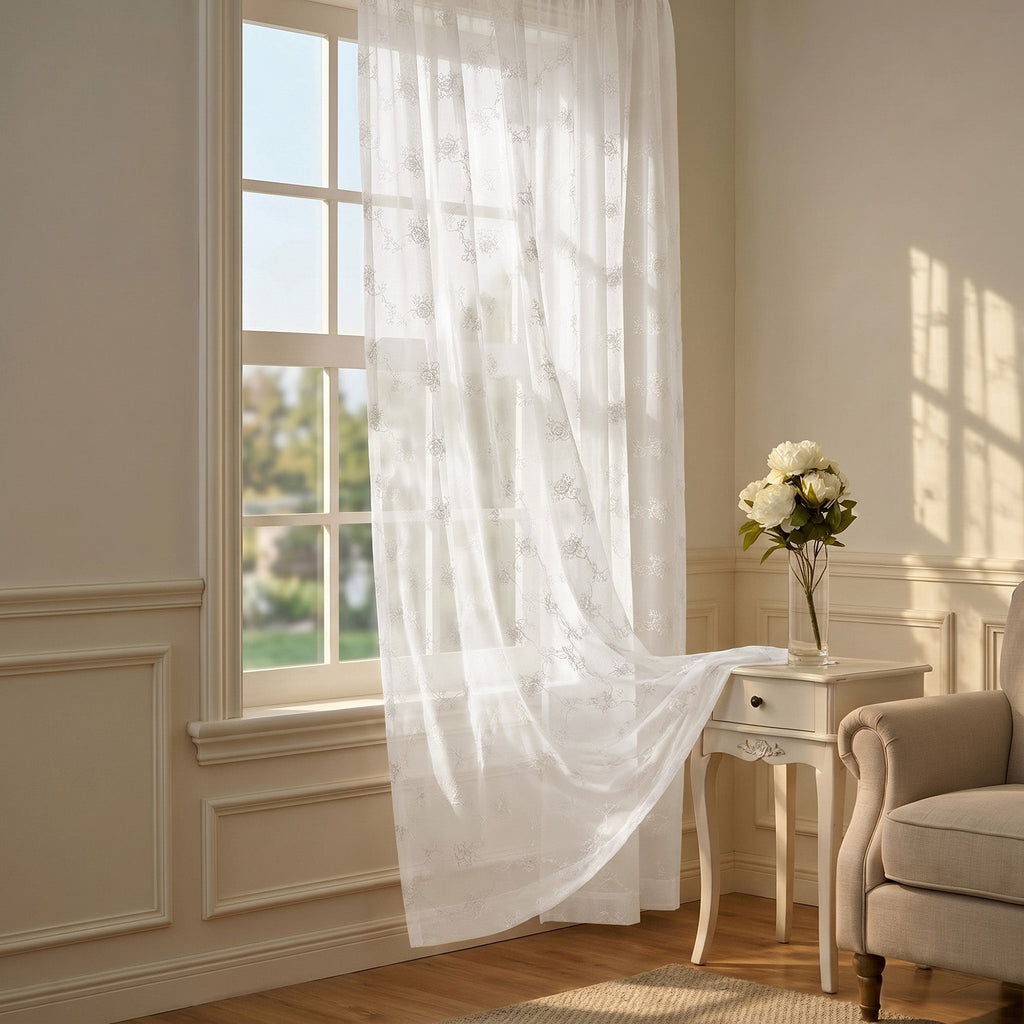 Drapes - Sheer Curtains (Floral Rose Embroidery) 2 Panels