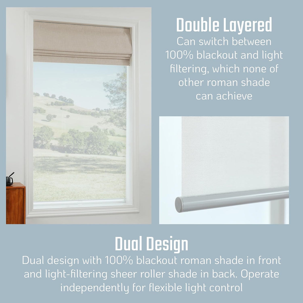 Roman Shades - Monet Dual Layered Blackout and Light Filtering with Woven Fabric